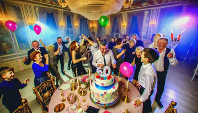 En festlig bursdagskake med tallet 60 og humoristiske dekorasjoner som symboliserer en morsom feiring