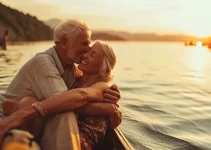 Et eldre par i en varm omfavnelse ved solnedgang, symboliserer 70 år med samlet visdom og kjærlighet, idyllisk reflekterer over et liv rikt på erfaringer