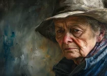 Et uttrykksfullt portrett av en eldre kvinne som ser tankefull ut, hennes blikk speiler dybden av livserfaring og sorgens stillhet, noe som resonnerer med temaet for kondolansehilsninger