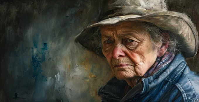 Et uttrykksfullt portrett av en eldre kvinne som ser tankefull ut, hennes blikk speiler dybden av livserfaring og sorgens stillhet, noe som resonnerer med temaet for kondolansehilsninger